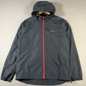 Asics Womens Lightweight Hooded Jacket Black Neon Red Full Zip Athletic Size L